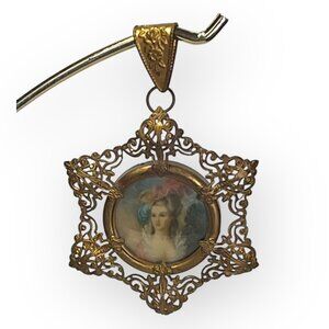 Gilded Age 1920s Italian Miniature Painting Gold Filigree Frame Pendant 3.5"
